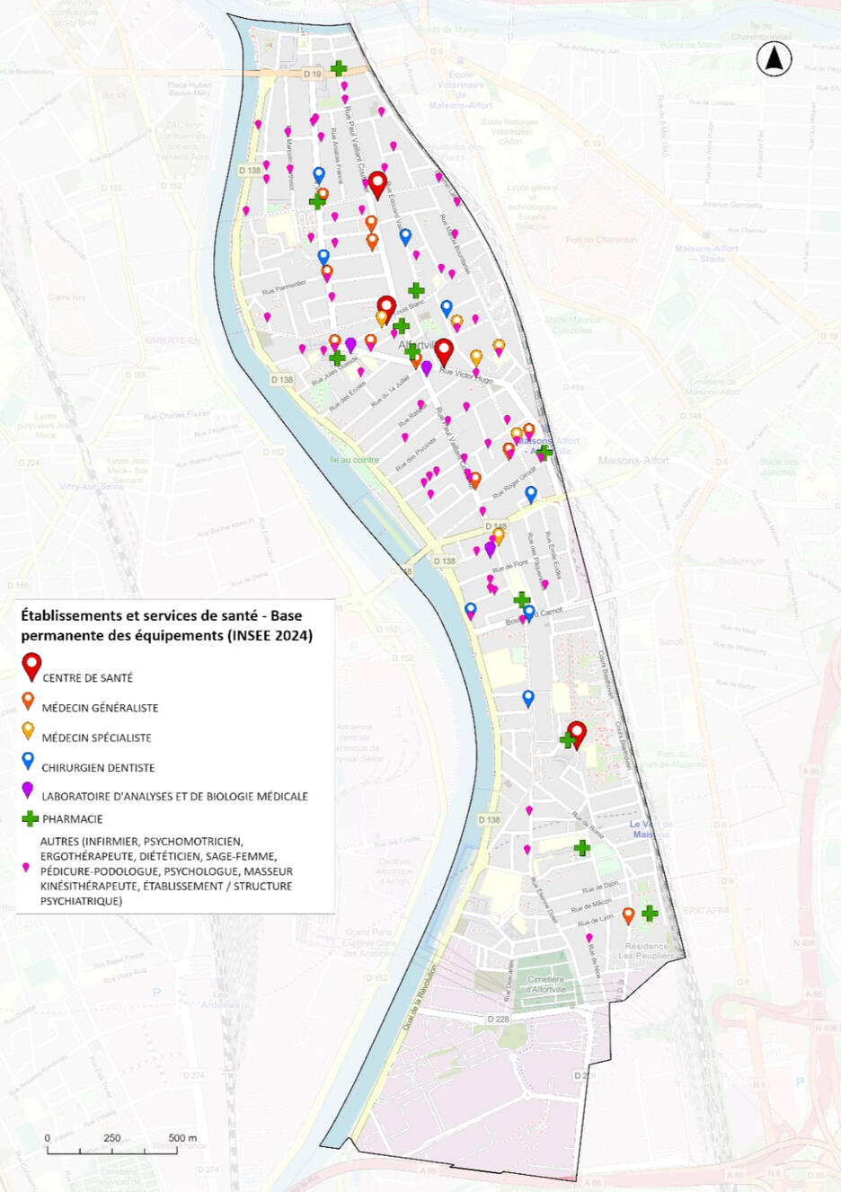 Cartographie des établissements scolaires d'Alfortville, données INSEE 2024