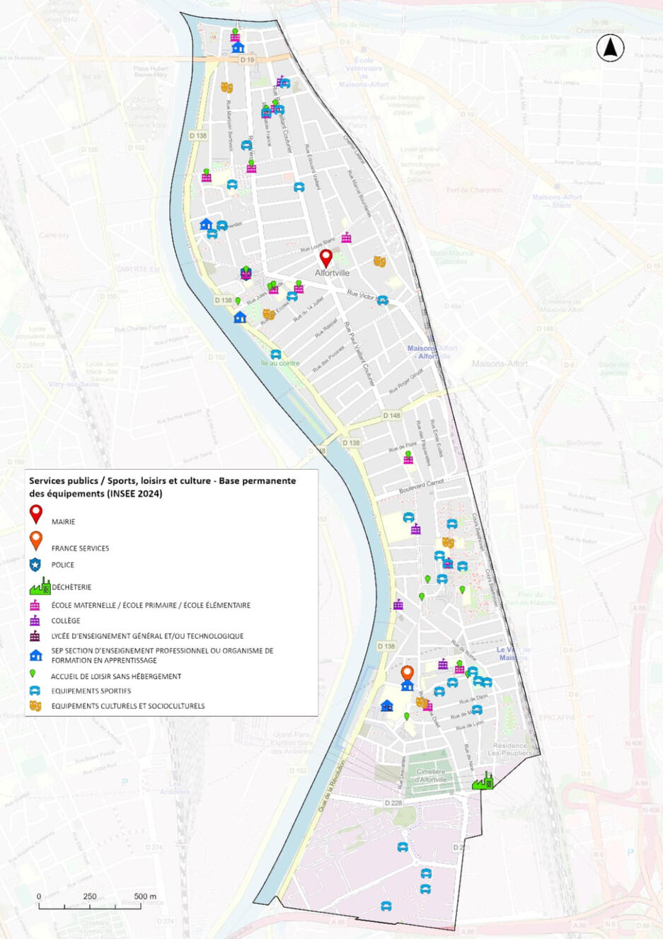 Cartographie des équipements culturels, sportifs et de loisirs à Alfortville, données INSEE 2024