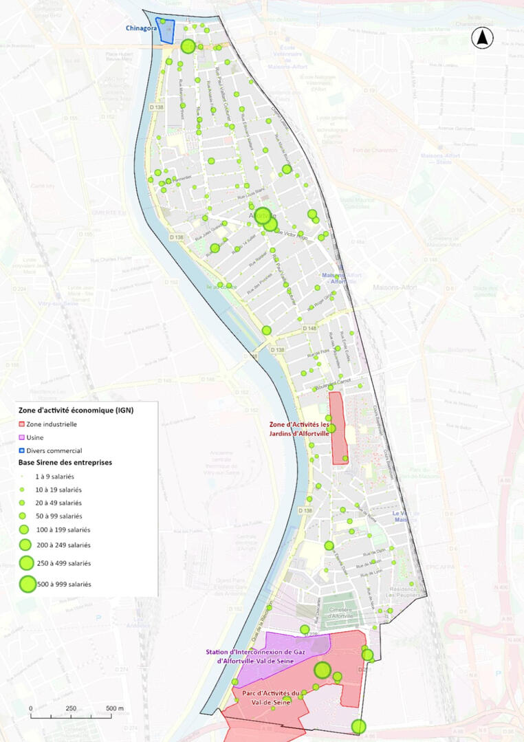 Cartographie des zones d'activités économiques et entreprises par tranche de nombre de salariés à Alfortville, donnée IGN et Base Sirene.