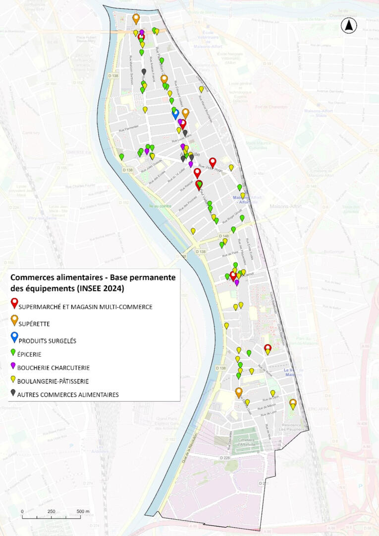 Cartographie des commerces alimentaires installés à Alfortville, données INSEE 2024