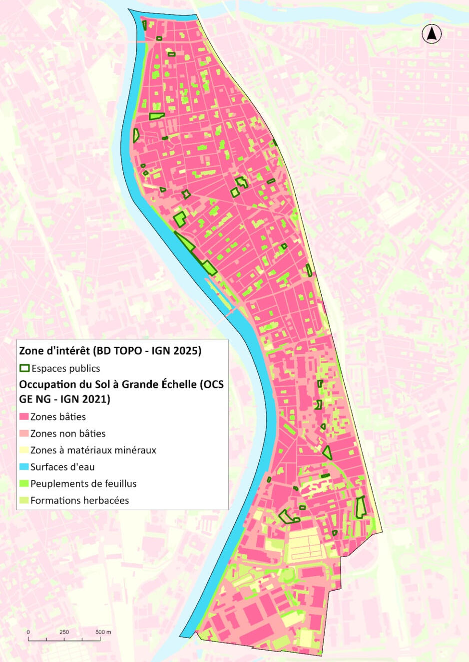 Cartographie de répartition des zones bâties, non bâties et des espaces verts à Alfortville, données BD TOPO - IGN 2025.