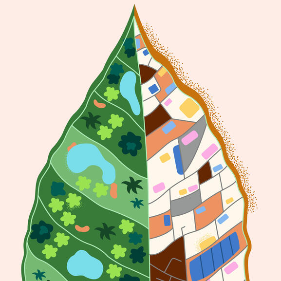 Image d'illustration - Ville écologique Illustration d'une ville écologique en forme de feuille, mêlant espaces verts et naturels aux espaces urbains plus classiques.