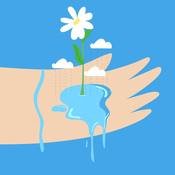 Image d'illustration : l'eau, notre bien commun Image d'illustration de l'eau comme bien commun : main au creux de laquelle de l'eau fait éclore une fleur.
