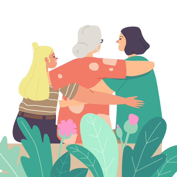 Illustration : entraide intergénérationnelle Illustration de trois femmes de trois générations successives qui s'entraident.
