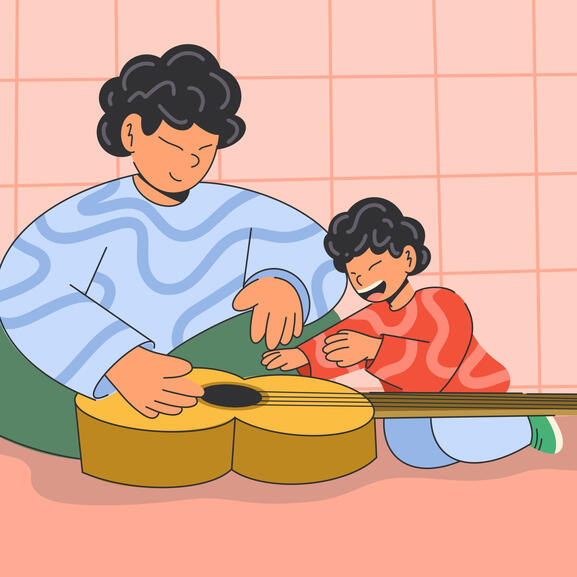 Illustration : activité musicale parent-enfant Illustration d'une activité musicale ludique parent-enfant.