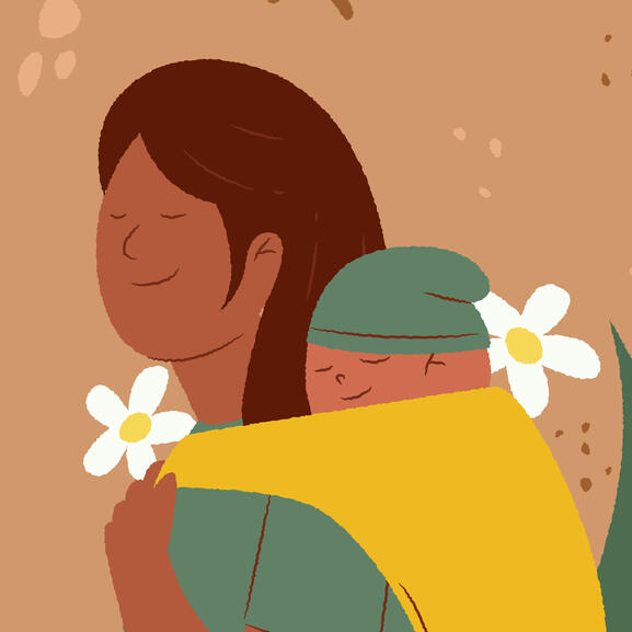 Illustration : maman solo Illustration d'une jeune maman portant son bébé sur son dos dans une écharpe de portage.