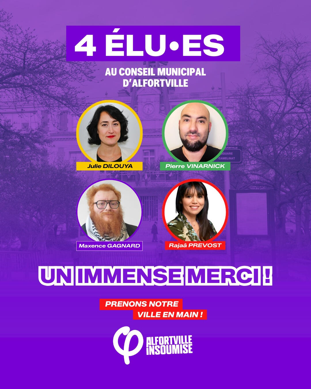 Photo de nos quatre élu•es au conseil municipal suite au premier tour : Julie Dilouya, Pierre Vinarnick, Maxence Gagnard et Rajaâ Prevost.